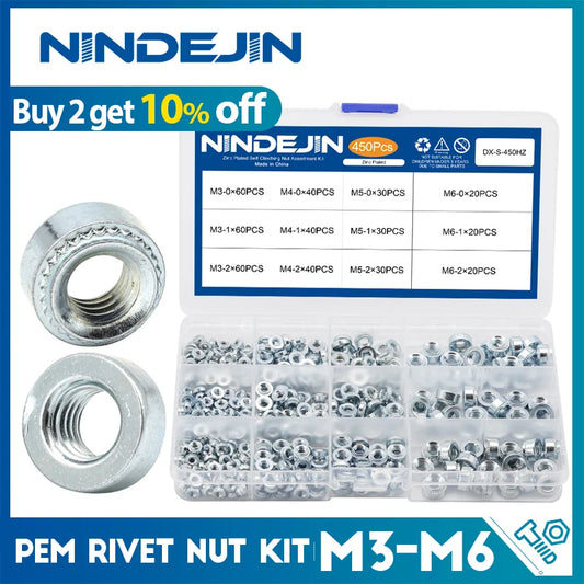 NINDEJIN 450pcs self clinching nut zinc plated steel M3 M4 M5 M6 PEM rivet nut pressure riveting nut assortment kit