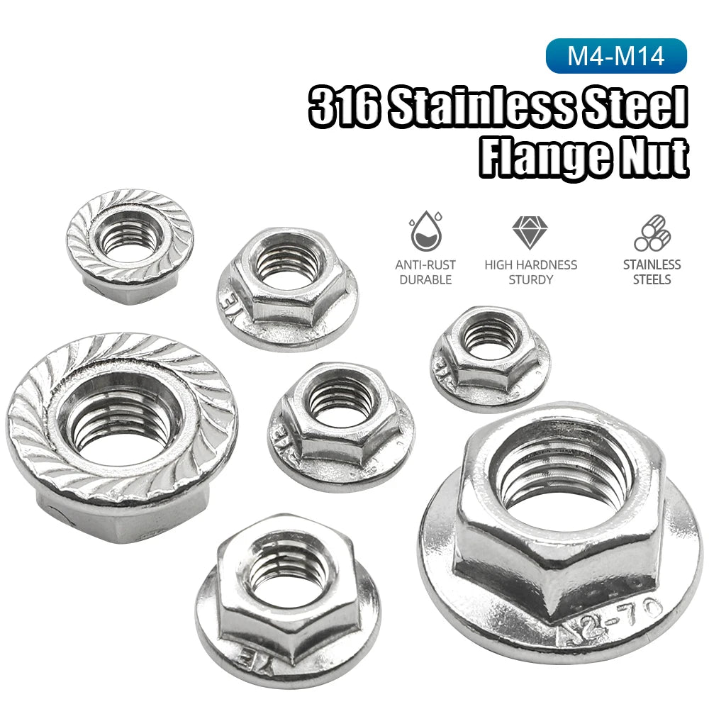 NINDEJIN  Hex Hexagon Flange Nut M4 M5 M6 M8 M10 M12 M14 316 Stainless Steel Serrated Metric Hex Flange Lock Nuts DIN6923 - KiwisLove