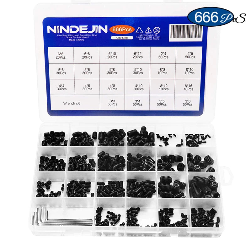 NINDEJIN 666pcs Set Screw Cup Point Grub Screw Assortment Kit M2 M3 M4 M5 M6 M8 Hex Socket Headless Screw Kit 12.9 Carbon Steel