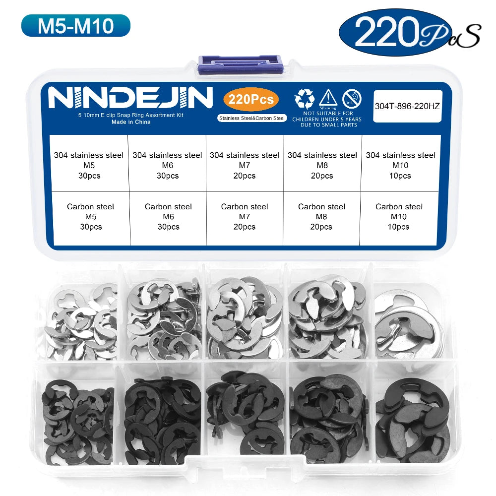 NINDEJIN E Clip Set Circlip Washer Assortment Kit Stainless Steel Carbon Steel 1.2-15mm External Retaining Clip For Shaft - KiwisLove