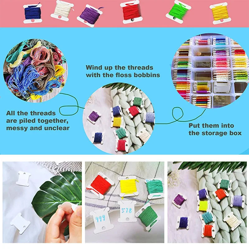 Plastic Floss Bobbins with Floss Bobbin Winder Cross-Stitch Card Thread Holder DIY Embroidery Floss Organizer Sewing Accessories