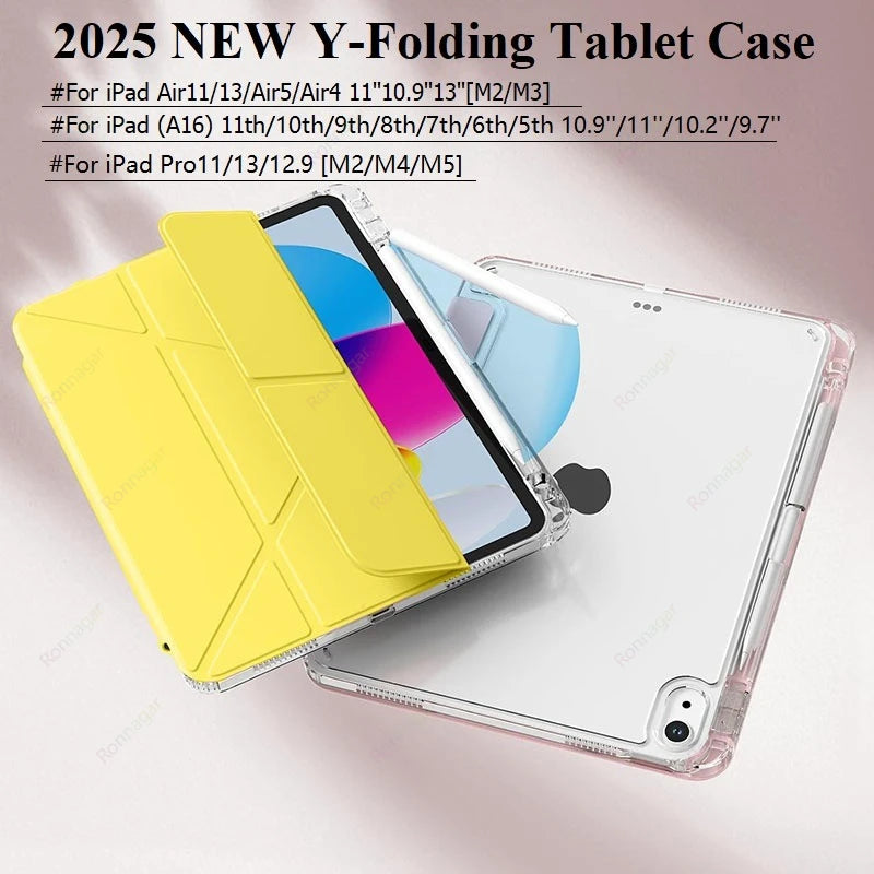 Y-Folding Case for iPad Air11 13 inch M3 M2 2025/2024 Pro11 13'' M5 M4 A16 11th Air 4 5 10th 9th 10.2 10.5 10.9 Clear Back Shell