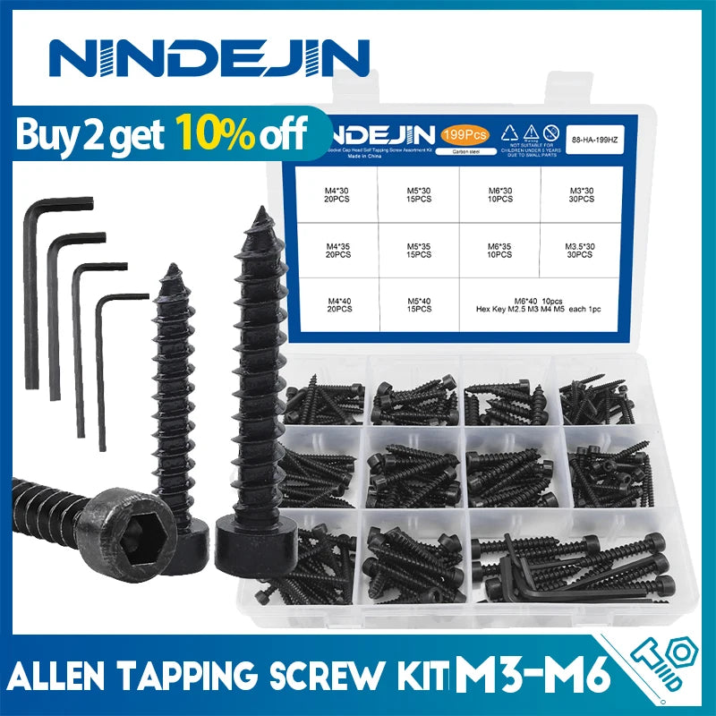 NINDEJIN 199/353pcs Hex Socket Cap Head Self Tapping Screw Set M3 M4 M5 M6 Carbon Steel Allen Head Tapping Screw Assortment Kit