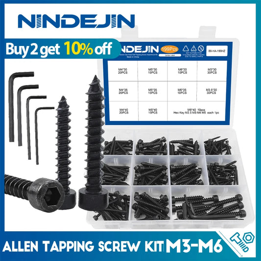 NINDEJIN 199/353pcs Hex Socket Cap Head Self Tapping Screw Set M3 M4 M5 M6 Carbon Steel Allen Head Tapping Screw Assortment Kit