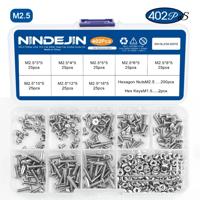 NINDEJIN Ultra Low Profile Head Screw Set M2 M2.5 M3 M4 M5 Stainless Steel Hex Socket Flat Thin Wafer Head Screws With Nuts Kit