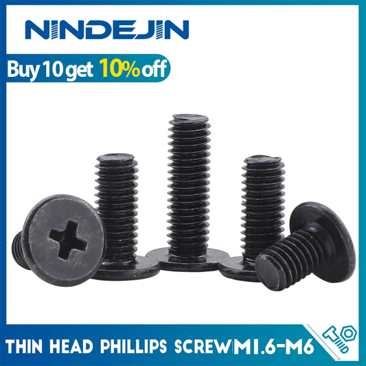 NINDEJIN Phillips Ultra Thin Flat Wafer Head Screw M1.6 M2 M2.5 M3 M4 M5 M6 Carbon Steel CM Thin Head Laptop Screw for Computer