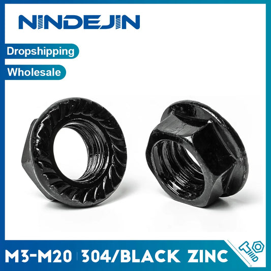 NINDEJIN Black Flange Nut Carbon Steel Serrated Flange Locknut M3 M4 M5 M6 M8 M10 M12 Serrated Lock Nut Spinlock Hexagon Nut