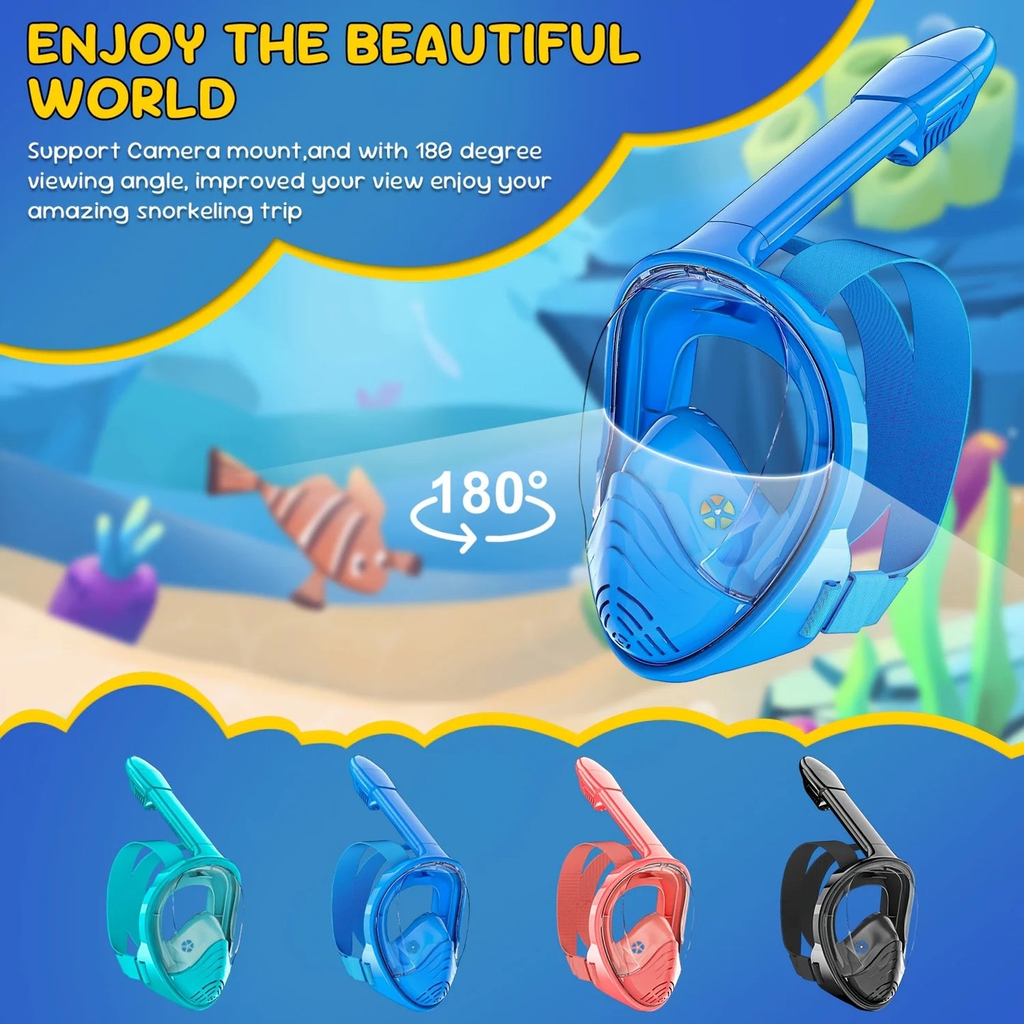Kids Snorkel Mask  Anti-Fog Leak-Proof Soft Silicone Design Easy to Wear Diving Mask Underwater Scuba Full Face  360° Panoramic