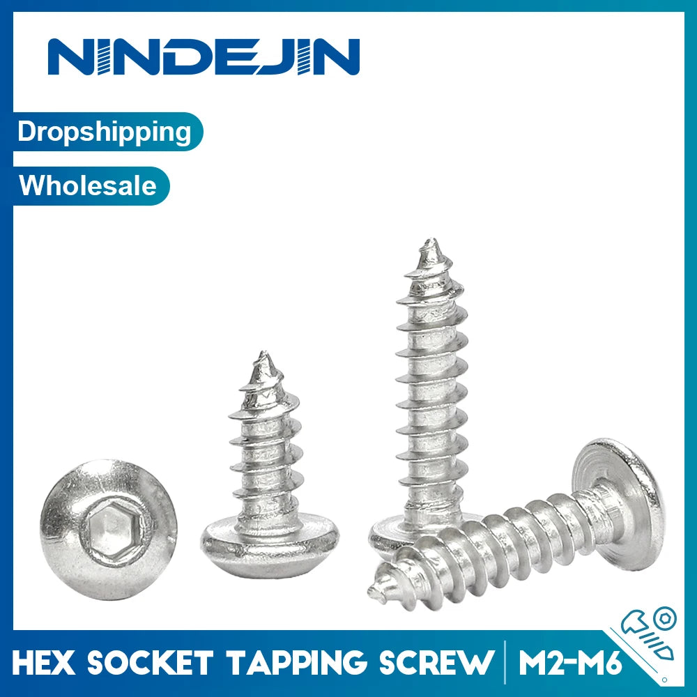 NINDEJIN 5-50pcs Button Head Hex Socket Self Tapping Screw M2 M2.6 M3 M4 M5 M6 Stainless Steel Allen Head Tapping Wood Screw