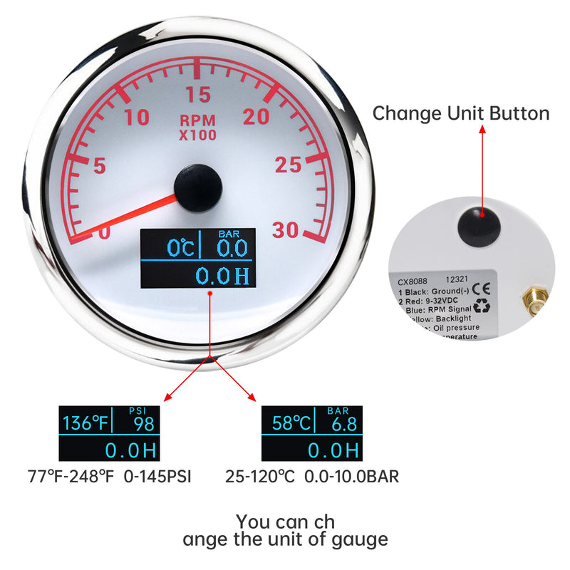 HD 85MM 3 In 1 Tacho Meter Red Backlight with LCD Hourmeter 3000RPM Tachometer Water Temperature Oil Pressure Gauge Sensor 9-32V - KiwisLove