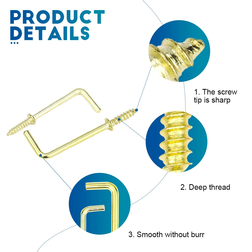 NINDEJIN 1/2"~1-1/2" Square Bend Hooks Kit Brass Plated L-Shaped Right Angle Screw Hook Self Tapping Screw in Hook for Hanging - KiwisLove