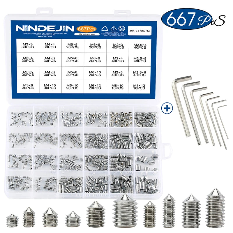 NINDEJIN Hexagon Socket Set Screw Kit Cone Point Stainless Steel Headless Grub Screw Assorment Kit M2 M2.5 M3 M4 M5 M6 M8