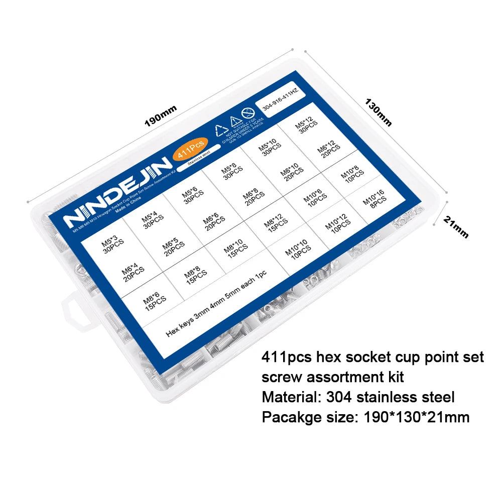 NINDEJIN 411pcs 1084pcs Hex Socket Grub Screw Kit M2-M10 Stainless Steel Cup Point Headless Set Screw Assortment Kit