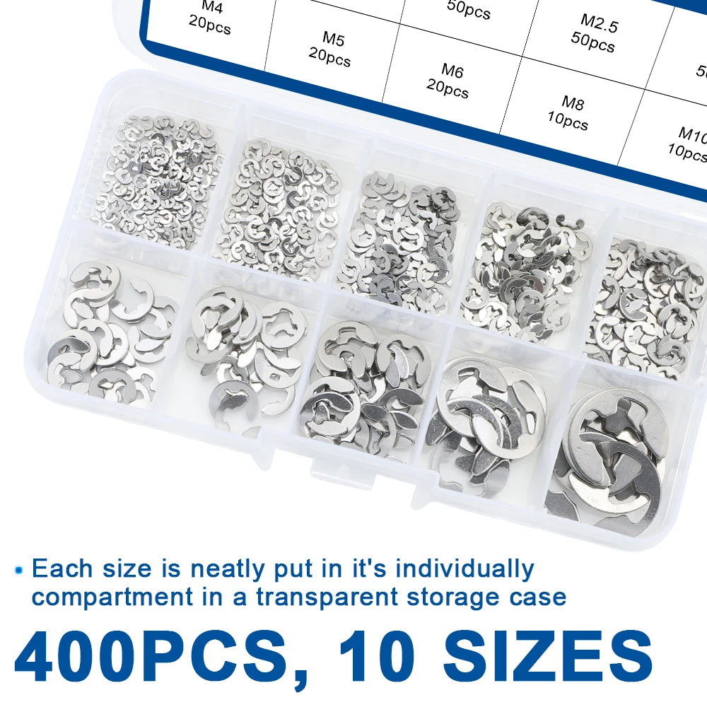 NINDEJIN 430pcs e-clip Assortment Kit M1.2-M10 Stainless Steel Carbon Steel Snap Ring Washer E-shaped External Retaining Ring - KiwisLove