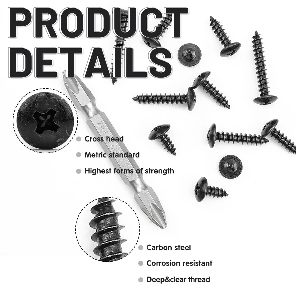 NINDEJIN Cross Truss Head Self Tapping Screw Set M3 M3.5 M4 M5 Black Plated Phillips Mushroom Head Machine Screw Assortment Kit
