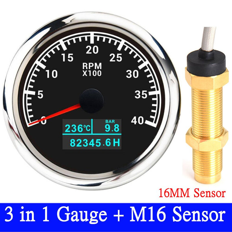 HD 85MM 3 In 1 Tacho Meter Red Backlight with LCD Hourmeter 3000RPM Tachometer Water Temperature Oil Pressure Gauge Sensor 9-32V - KiwisLove