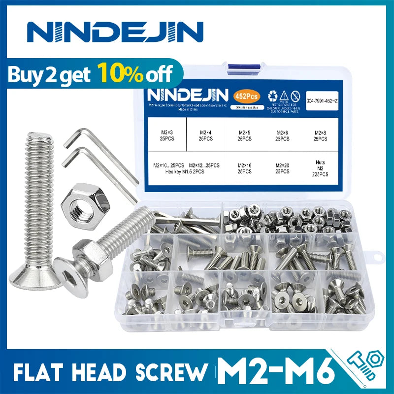 NINDEJIN Hex Hexagon Socket countersunk head screw kit m2 m2.5 m3 m4 m5 m6 stainless steel flat head bolt and nut screw set