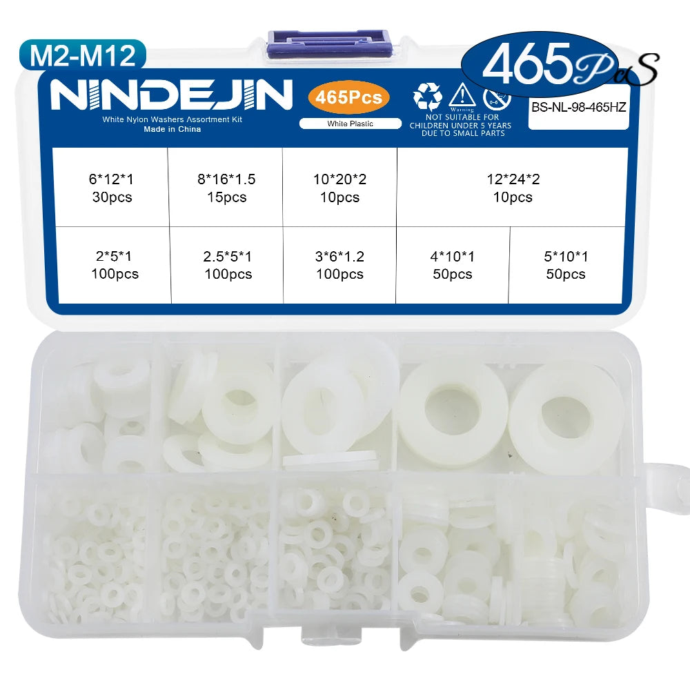NINDEJIN 465pcs Black White Nylon Washers Assortment Kit M2 M2.5 M3 M4 M5 M6 M8 M10 M12 M14 M16 Plastic Plain Flat Washer Set - KiwisLove