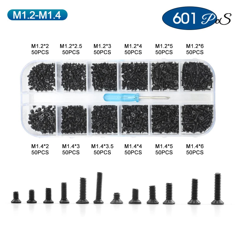 NINDEJIN Cross Phillips Mini Laptop Screw Set M1 M1.2 M1.4 M1.7 M2 M2.5 Black Micro Electronic Screw Kit for Computer Phone