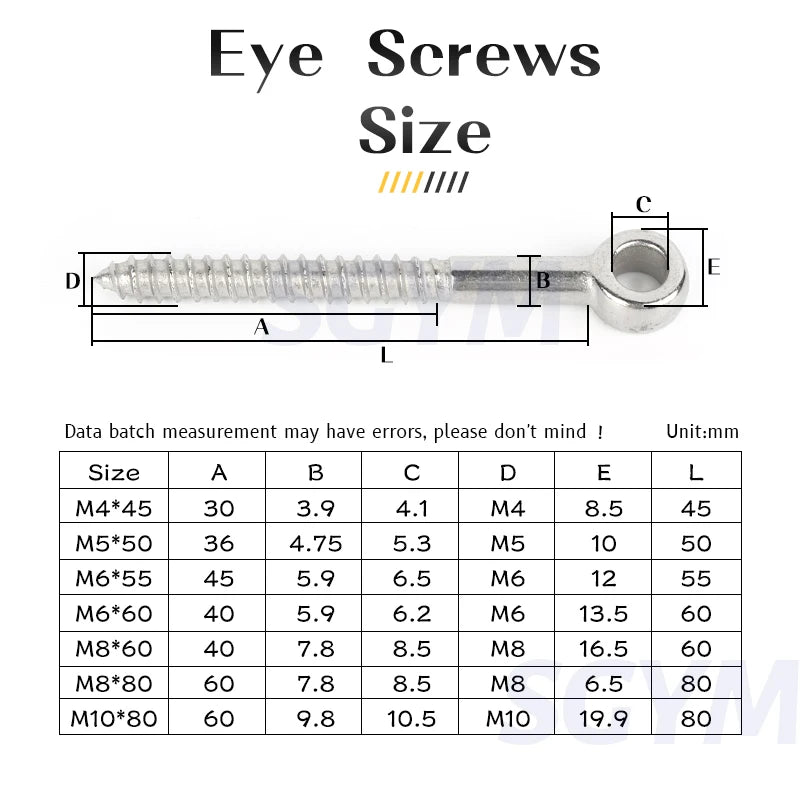 M4/M5/M6/M8/M10 316 Stainless Steel Eye Shape Screws Wood Terminal Ring Eyelet Hooks Self Tapping Wire Rope Accessories