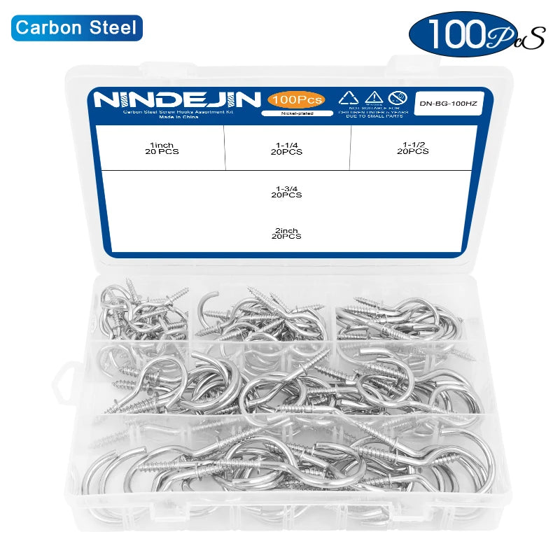NINDEJIN 66/100/320/340pcs Screw Hook Kitchen Cup Ceiling Hook Kit Eye Screw Bend Hook Kit for Wood Wall Hanging