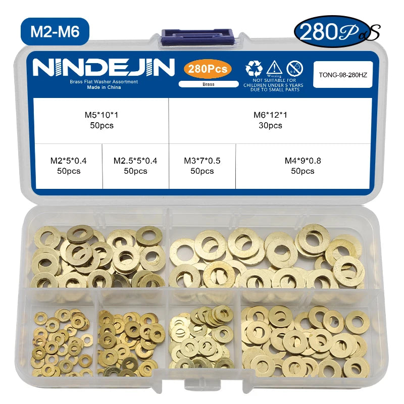 NINDEJIN Brass Flat Washer Set 280/315pcs M2-M12 Metric Brass Plain Washer Flat Gasket Fastener Pure Copper Ring for Screw Bolt - KiwisLove