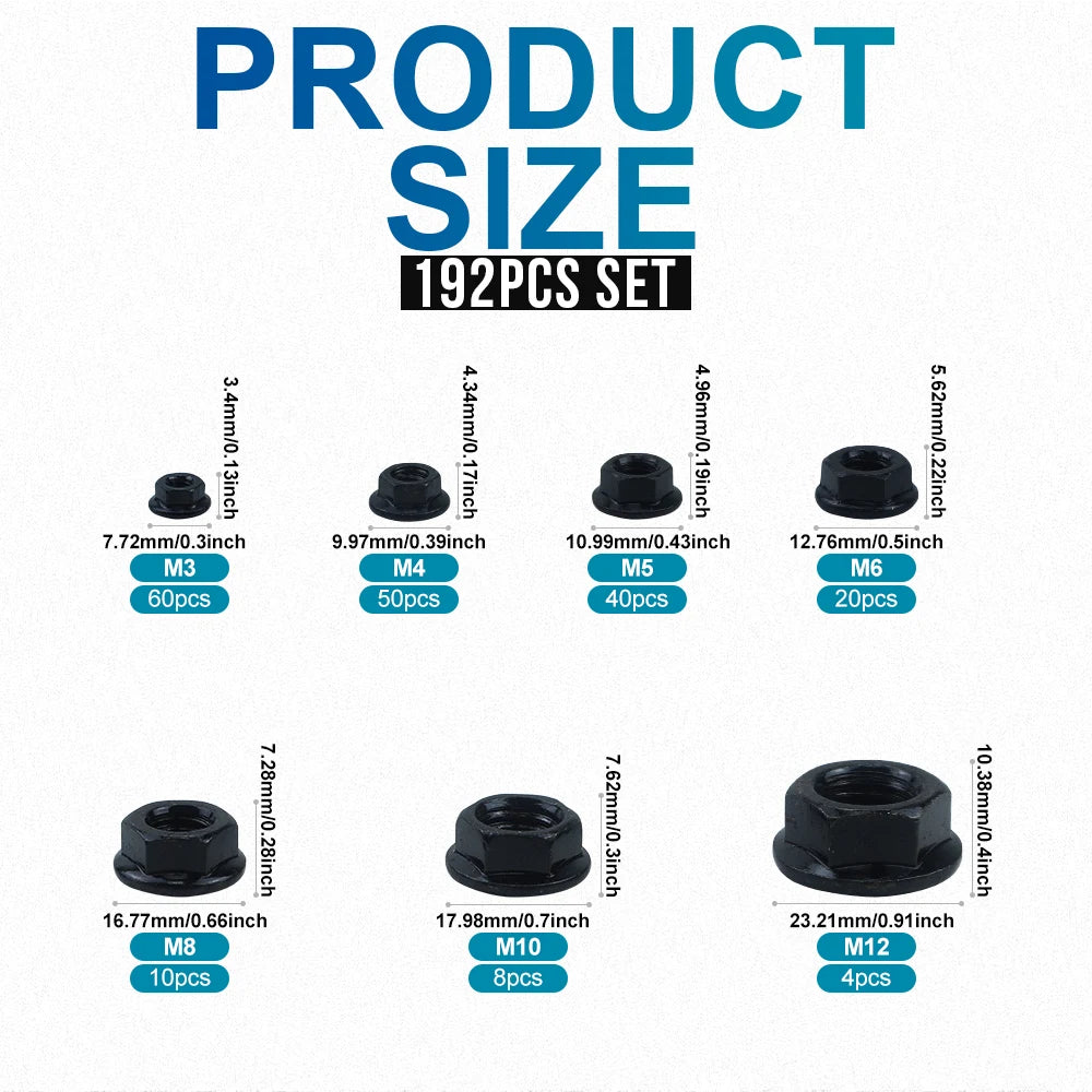 NINDEJIN 192pcs Black Flange Nut  Assortment Kit M3-M12 Hexagon Carbon Steel Serrated Spinlock Flange Lock Nut Set DIN6923