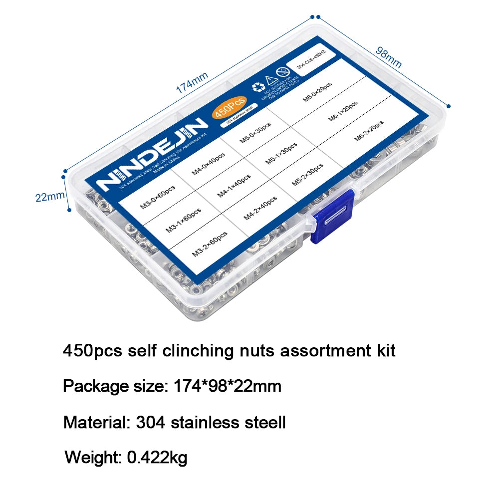 NINDEJIN 450pcs PEM rivet nut stainless steel self clinching nut CLS M3 M4 M5 M6 pressure riveting nut assortment kit for sheet