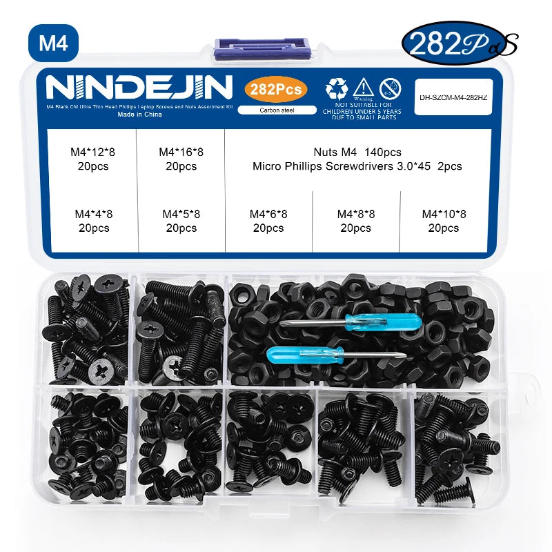 NINDEJIN M2-M6 Thin Flat Head Laptop Screw Set Black Carbon Steel Ultra Thin Wafer Head Phillips Machine Screw Nut Assortment