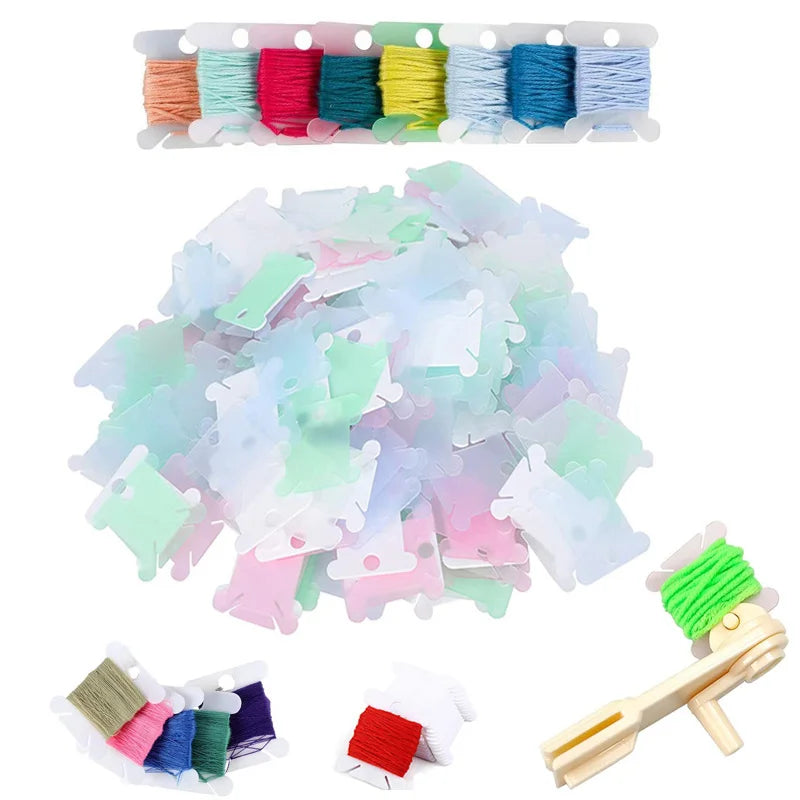 Plastic Floss Bobbins with Floss Bobbin Winder Cross-Stitch Card Thread Holder DIY Embroidery Floss Organizer Sewing Accessories