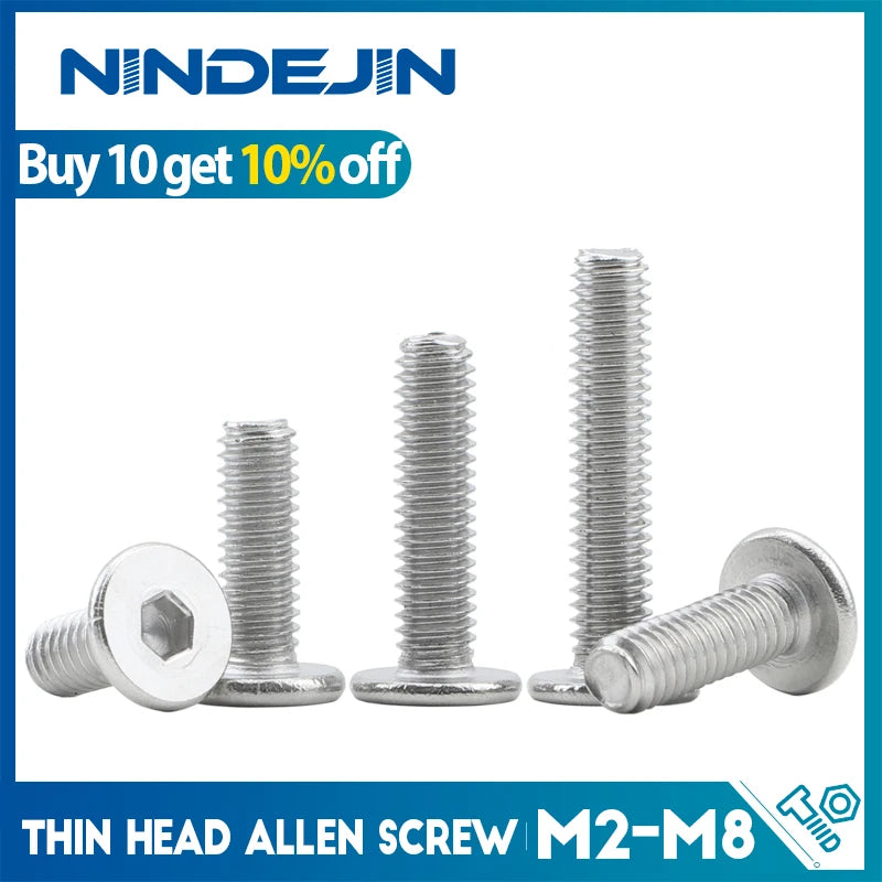 NINDEJIN Hexagon Socket Ultra Thin Low Head Screw Stainless Steel M2 M2.5 M3 M4 M5 M6 M8 CM Flat Allen Wafer Head Screw Bolt
