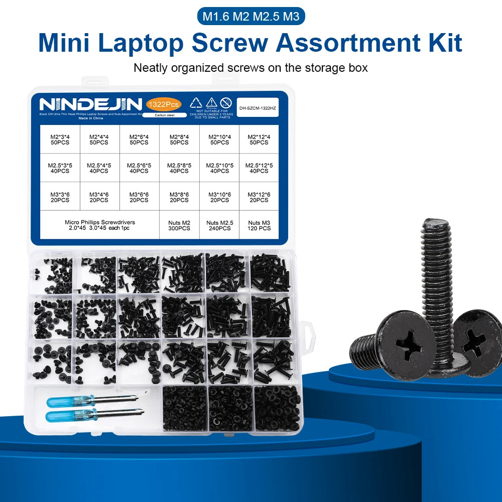 NINDEJIN Laptop Computer Screw Kit with Nut M1.6 M2 M2.5 M3 Ultra Thin Head Notebook Laptop Screw Set for Samsung HP Dell Lenovo