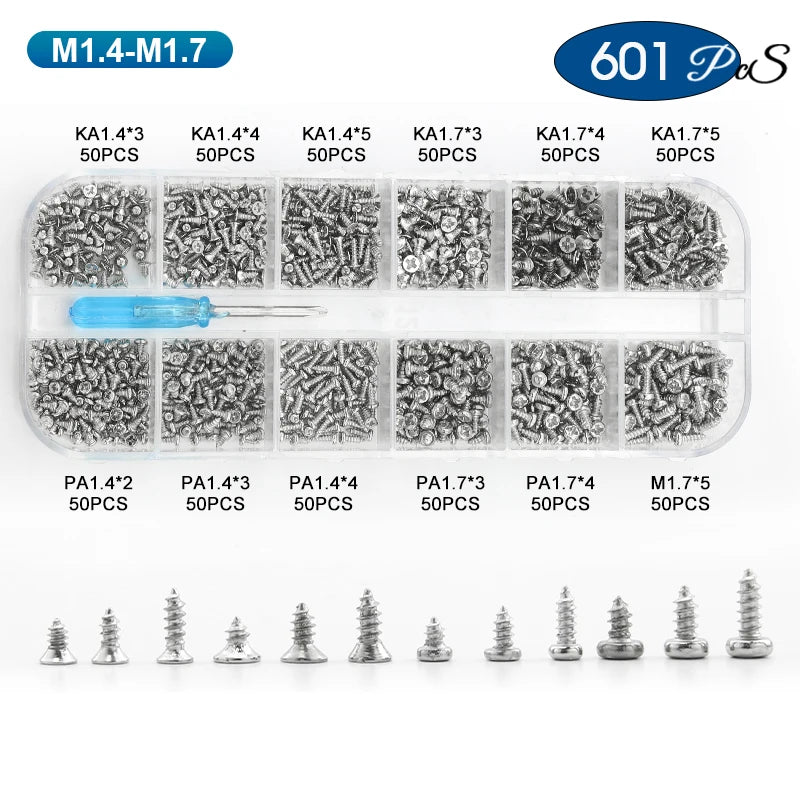NINDEJIN 601pcs Electronic Screw Kit Nickel Plated Flat Round Head Mini Micro Screw Set Phone Glasses Tapping Screw Kit M1-M1.7