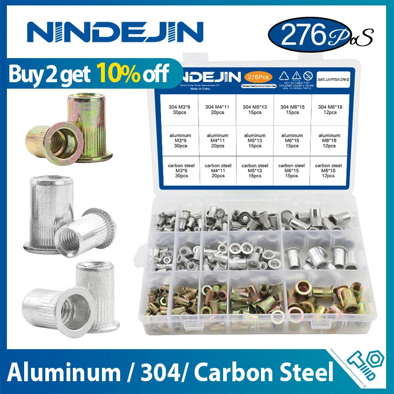 NINDEJIN Aluminum Rivet Nut Kit M3 M4 M5 M6 M8 M10 M12 Blind Rivnut Set Stainless Steel Carbon Steel Threaded Insert Nut Kit