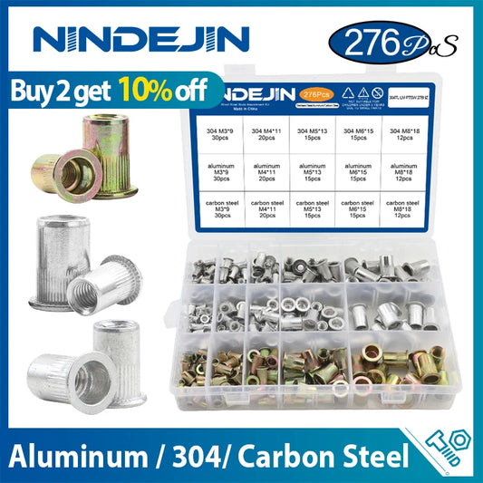 NINDEJIN Aluminum Rivet Nut Kit M3 M4 M5 M6 M8 M10 M12 Blind Rivnut Set Stainless Steel Carbon Steel Threaded Insert Nut Kit