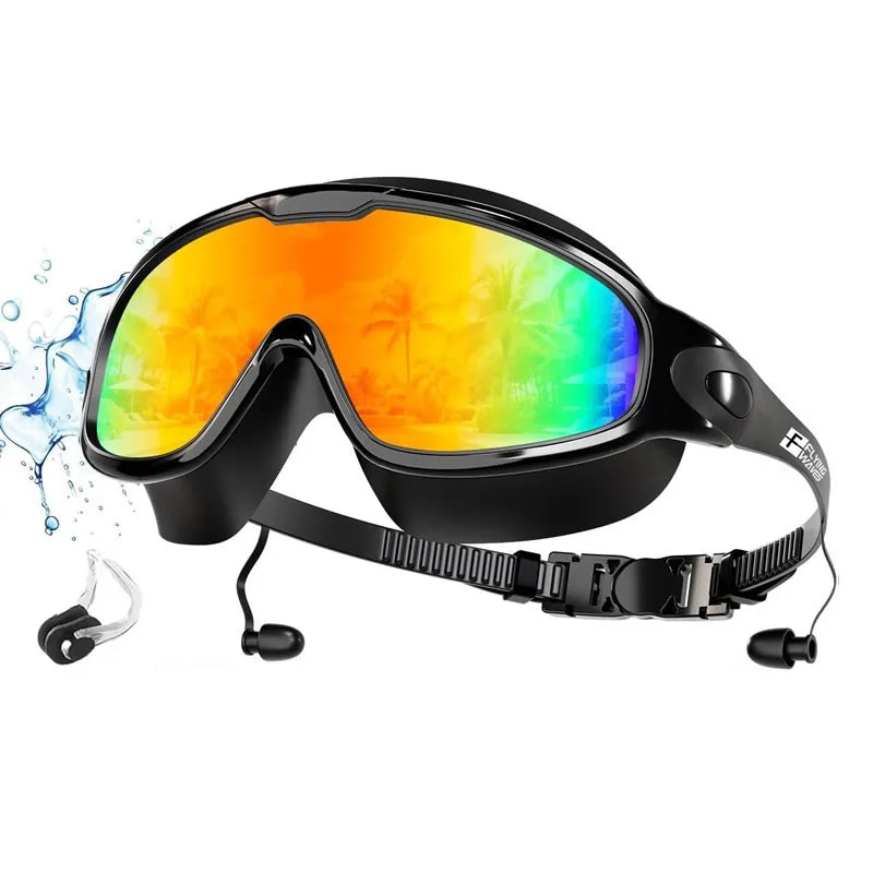 New Adult Wide View Swim Goggles Anti-Fog Anti-UV No Leak Pool Swimming Glasses with Earplugs for Men Women Youth
