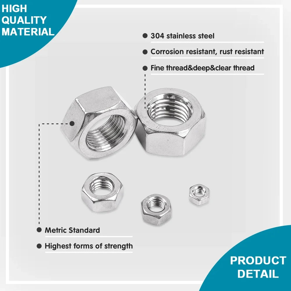 NINDEJIN  Metric Fine Thread Hex Nut M4 M5 M6 M8 M10 M12 M14 M16 M18 M20 M22 M24 Stainless Steel Fine Hex Nut GB6171 - KiwisLove