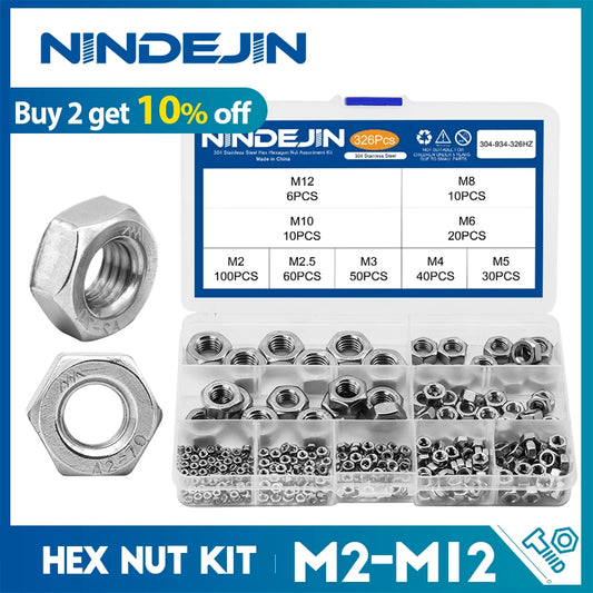 NINDEJIN Hexagon Nuts Assortment Kit M2 M2.5 M3 M4 M5 M6 M8 M10 M12 Stainless Steel Metric Hex Nuts Set DIN934
