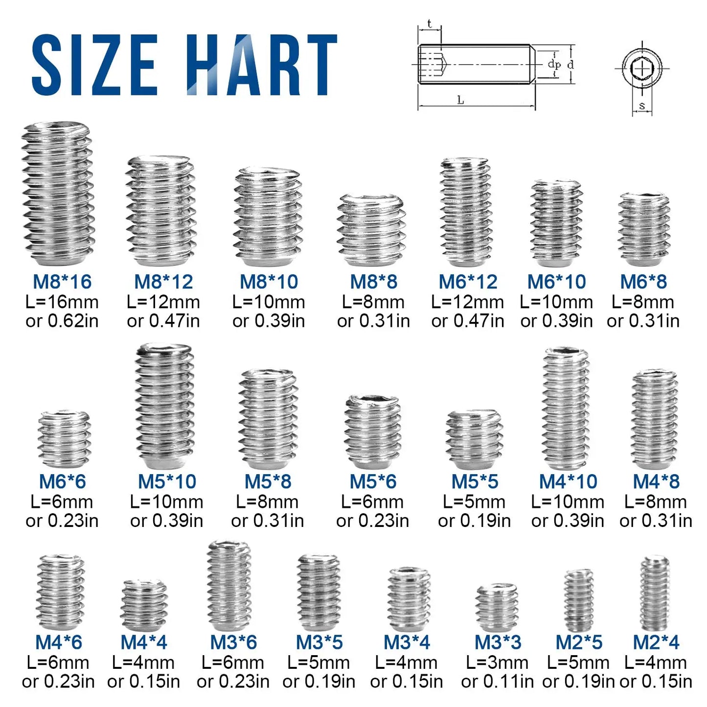 666pcs Hexagon Socket Flat Point Set Screw Stainless Steel Grub Screw Kit M2 M3 M4 M5 M6 M8 Headless Screw Assortment Kit