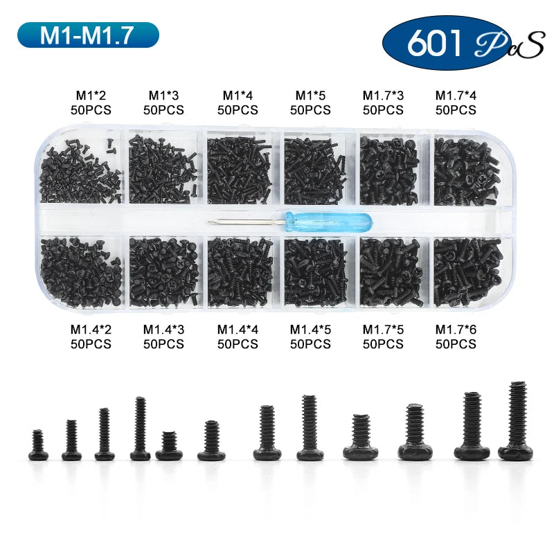 NINDEJIN Cross Phillips Mini Laptop Screw Set M1 M1.2 M1.4 M1.7 M2 M2.5 Black Micro Electronic Screw Kit for Computer Phone