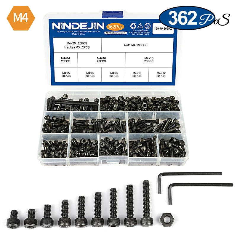 NINDEJIN hex hexagon socket head cap screw nut 12.9 grade carbon steel m2 m2.5 m3 m4 m5 m6 screw set bolt and nut assortment kit