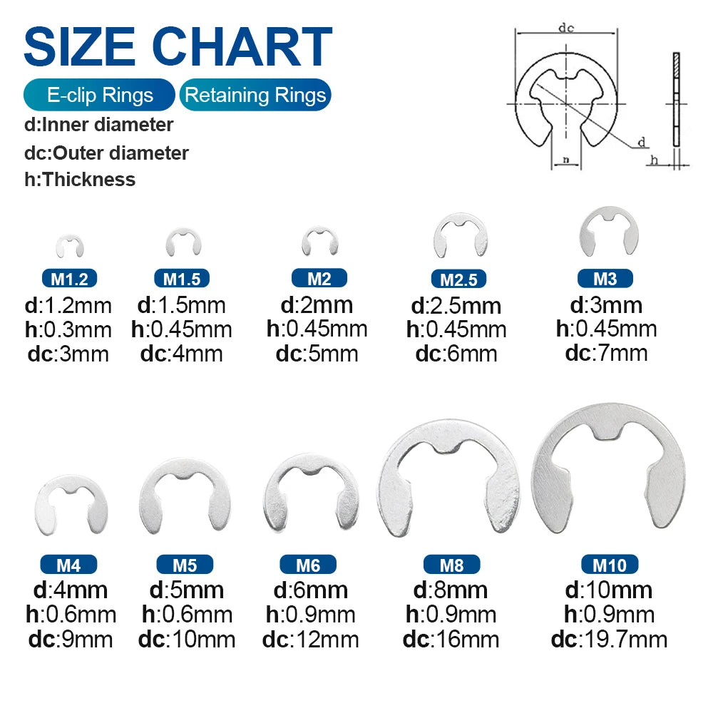 NINDEJIN 430pcs e-clip Assortment Kit M1.2-M10 Stainless Steel Carbon Steel Snap Ring Washer E-shaped External Retaining Ring - KiwisLove