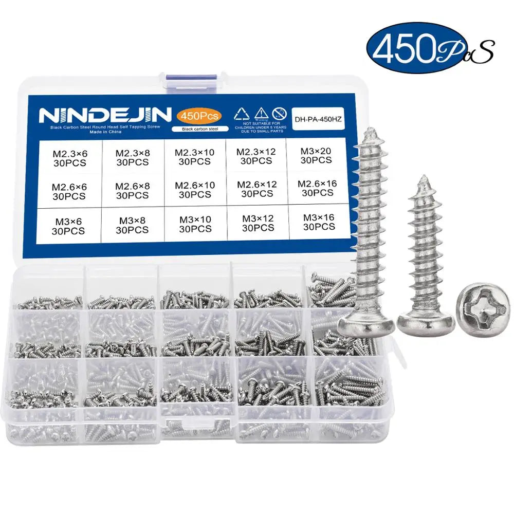 NINDEJIN 450pcs Ni-plated Cross Recessed Round Pan Head Tapping Screw set M2.3 M2.6 M3 Carbon Steel micro Screws assortment kit
