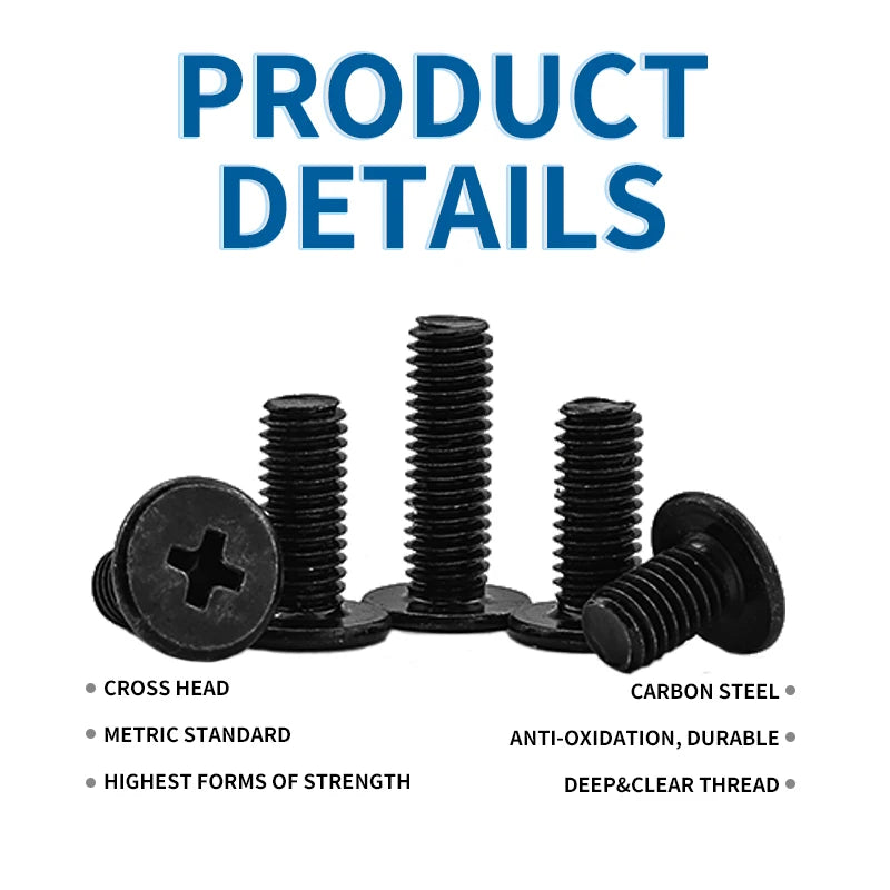 NINDEJIN M2-M6 Thin Flat Head Laptop Screw Set Black Carbon Steel Ultra Thin Wafer Head Phillips Machine Screw Nut Assortment