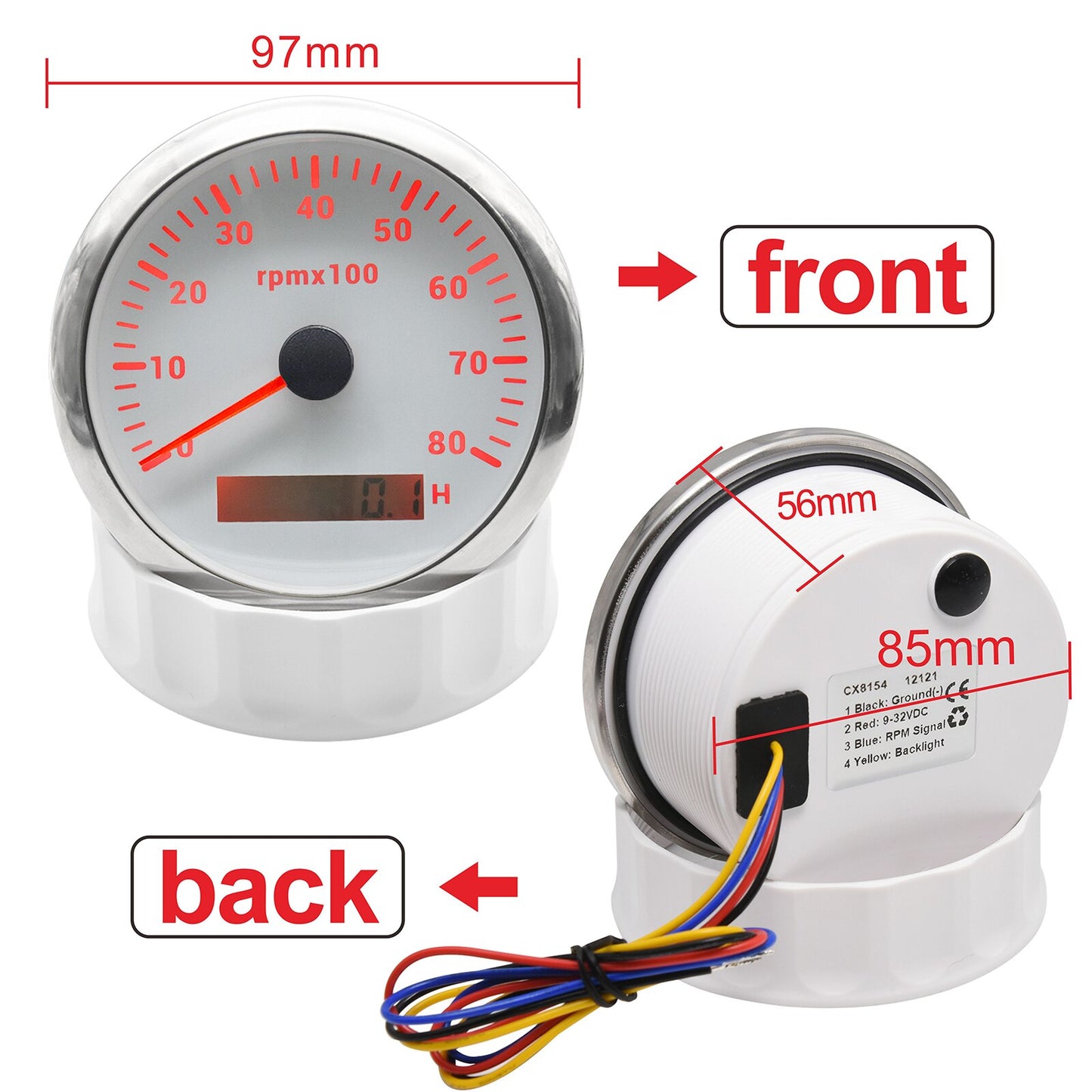 HD 7 Colors Backlight 85mm Tachometer Gauge Marine Boat RPM Meter Gauge LCD Tacho Digital Hour Meter 3K~8K For Car Truck 9-32V - KiwisLove