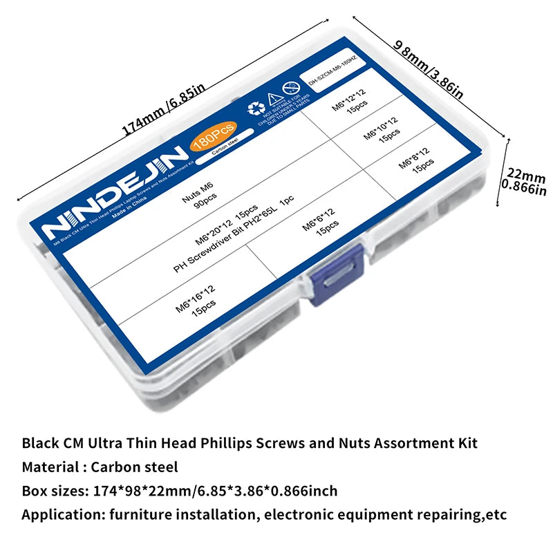 NINDEJIN M2-M6 Thin Flat Head Laptop Screw Set Black Carbon Steel Ultra Thin Wafer Head Phillips Machine Screw Nut Assortment