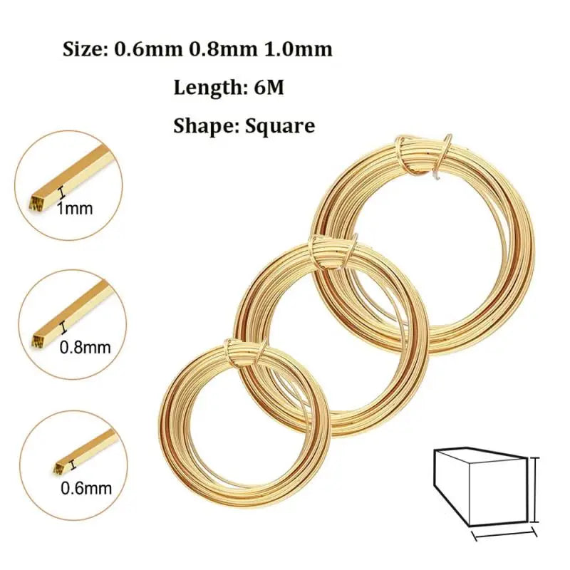 1PCS Length 6 meters Square Coppers Wire Diameter 0.6mm,0.8mm,1.0mm Half Hard Yellow Brass Wire for Jewelry Beading Craft Work