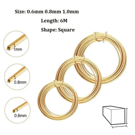 1PCS Length 6 meters Square Coppers Wire Diameter 0.6mm,0.8mm,1.0mm Half Hard Yellow Brass Wire for Jewelry Beading Craft Work