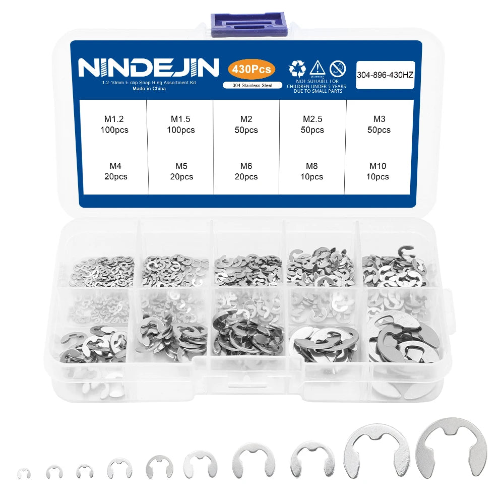 NINDEJIN 430pcs e-clip Assortment Kit M1.2-M10 Stainless Steel Carbon Steel Snap Ring Washer E-shaped External Retaining Ring - KiwisLove