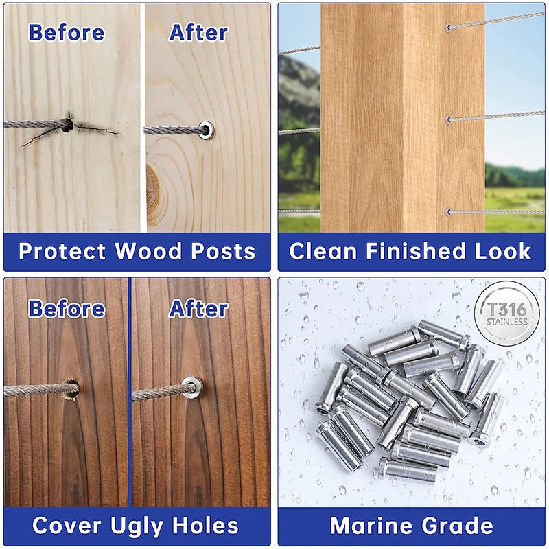 10/30/50/80/120pcs Deck Cable Railing 316 Stainless Steel Protector Sleeves for 1/8" Cable For Wood/Composite Post